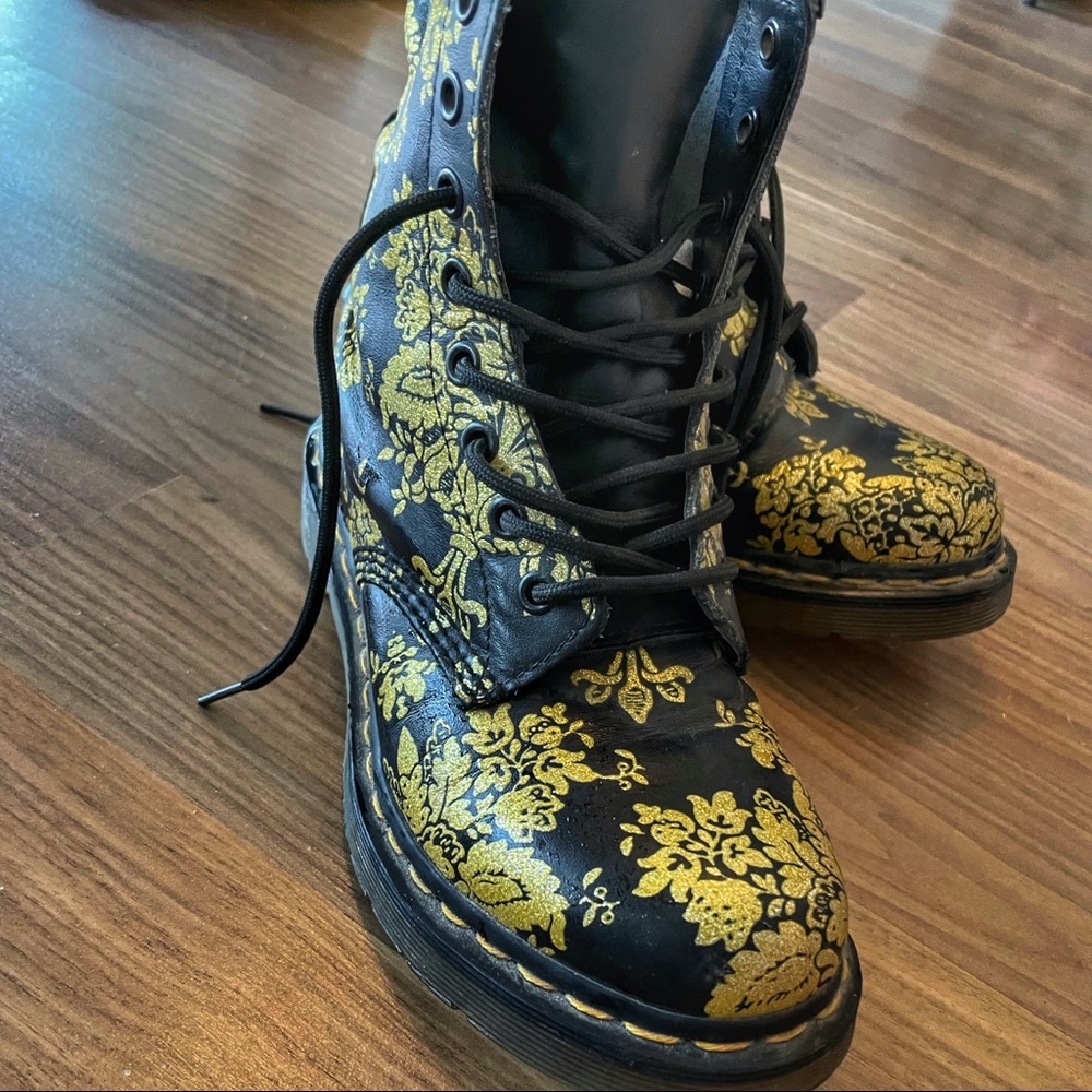 RARE Vintage Dr Martins 1460 Combat Boots Black with Gold Flock